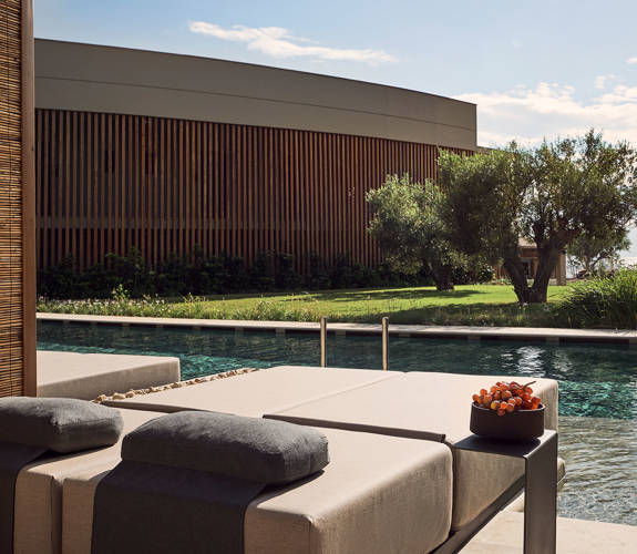 Zelia Resort Halkidiki Deluxe Double Swim Up pool view and sunbeds
