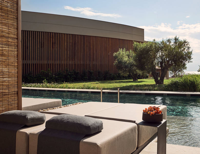 Zelia Resort Halkidiki Deluxe Double Swim Up pool view and sunbeds
